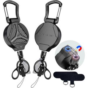 2 Pack Retractable Keychain Heavy Duty Carabiner Badge Holder Clip with Magnetic,Tactical Id Badge Reel with 32'' Steel Cord,Key Ring,Lobster Claw Clasp and Phone Tethers