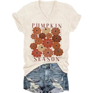 Womens V-Neck T-Shirt Flower Graphic Tees Summer Fashion Boho Tops Tshirts Loose Casual Wildflower Beach T Shirts (Beige, S)