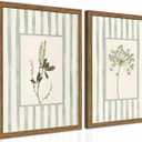 Sage Green Wildflower Wall Art Set of 2, Cottagecore Floral Botanical Canvas Wall Decor, Vintage Rustic Striped Flower Posters Prints Pictures for Living Room Bedroom Bathroom 16x24 Inch Framed