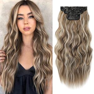 REECHO Hair Extensions, 4PCS Clip in Hair Extensions HE001 Natural Soft Synthetic Hairpieces for Women (20 Inch-200 Gram (Pack of 4), Ash Brown with Platinum Highlights)
