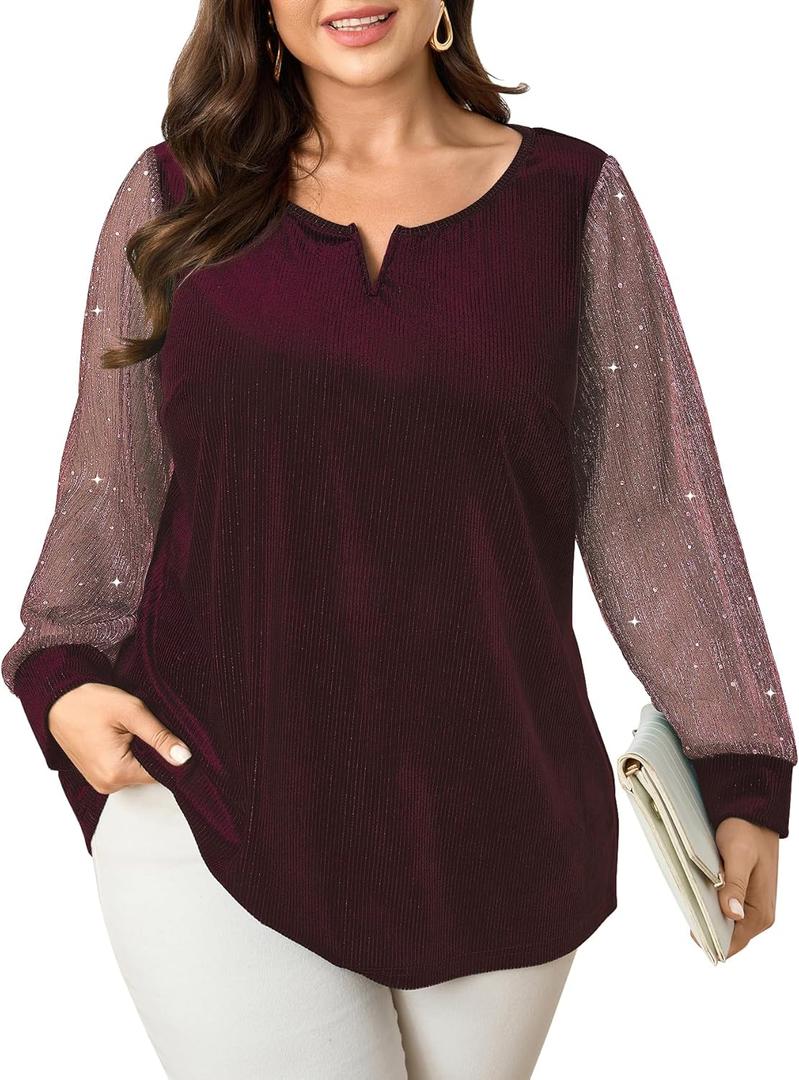 SCOMCHIC Women's Plus Size Blouses Long Sleeve V Neck Sparkly Sequin Velvet Top Dressy Casual Loose Shirts Party Tops (X-Large Plus, Burgundy)