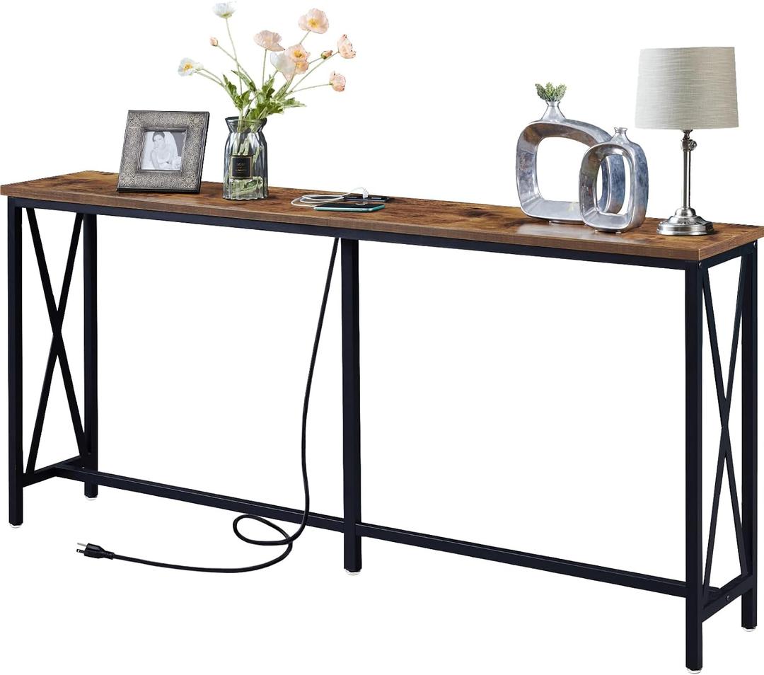 SUPERJARE 70 Inch Console Table with Outlets and USB-C Port, Extra Long Behind Couch Sofa Table with X-Shaped Design, Narrow for Entryway, Living Room, Metal Frame, Wooden Top, Rustic Brown, 11.8"D x 70.9"W x 31.5"H