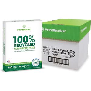 PrintWorks 100% Recycled Printer Paper 8.5" x 11" White - 20 lb Copy & Multipurpose Computer Paper - 6 Packs, 2400 Sheets - Made in the USA - 92 Bright - Printer & Copier Compatible (00018C)