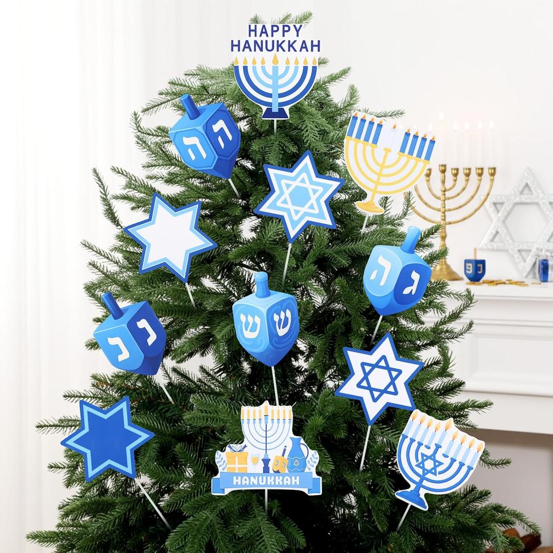Soulchen 12 Pcs 6 Inch Large Hanukkah Tree Decorations Tree Picks Hanukkah Ornaments Jewish Chanukah Hexagram Dreidel Star of David Menorah White and Blue Decoration for Home Gift Christmas Party