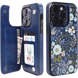 uCOLOR for iPhone 15 Pro Wallet Case with Card Holder Navy Blue Flowers | PU Leather RFID Blocking for Women Men Magnetic Clasp Kickstand 6.1"