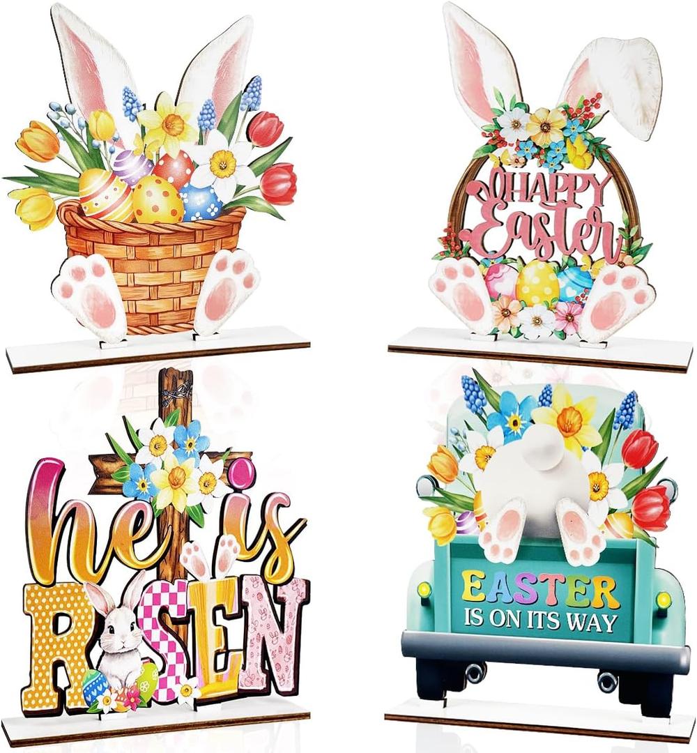 2 x Easter Decor- 4pcs Wooden Easter Bunny Table Centerpieces for Tabletop Rustic Bunny Wood Table Sign with Eggs and Flower Ornament, Farmhouse Rabbit Decorations for home, Office, and Party Suppliers