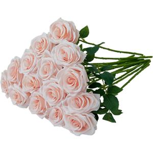 15pcs Blush Roses Artificial Flowers Silk Fake Flowers Realistic Pink Roses Bouquet Long Stemink for Wedding Home Party Birthday Decoration (Bush)