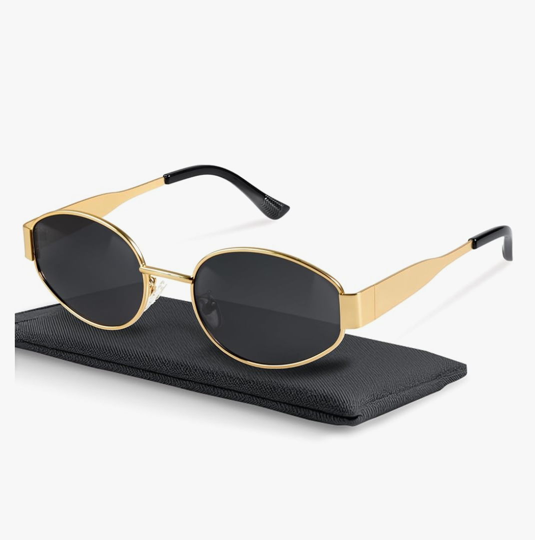 livho Retro Polarized Sunglasses - UV400 Protection, Oval Shape, Metal Frames - Matching Soft Case Inlcuded