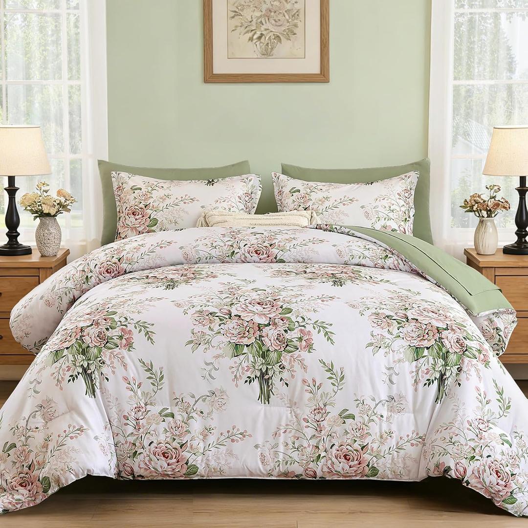 Anibedding 7Pieces Pink Floral Comforter Set Queen Size, Soft Microfiber White Pink Bed in a Bag Comforter Set with Sheets for All Season