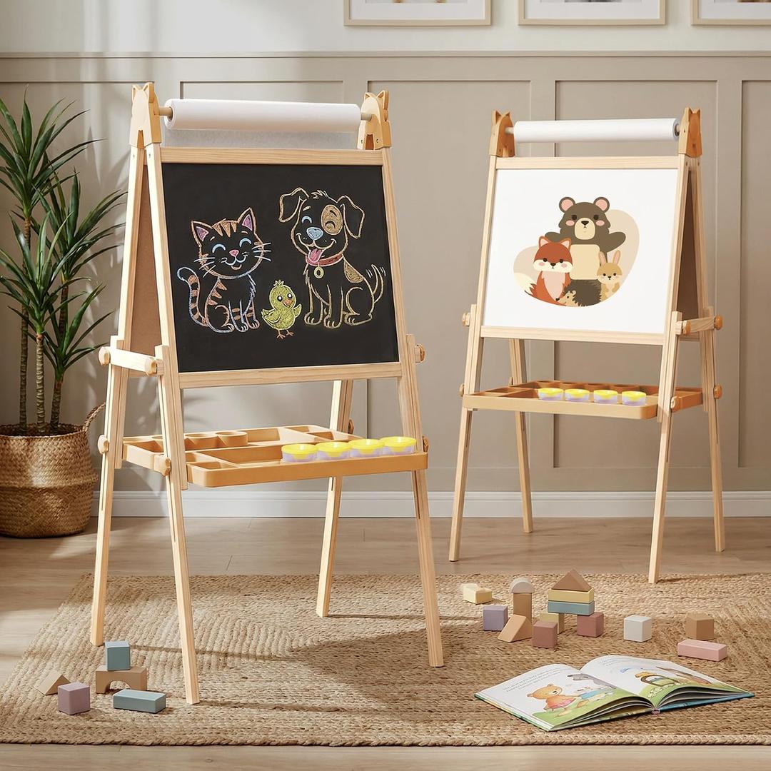 JOYOOSS Easel for Kids Ages 4-8 Easels for Toddlers Art Kids Easel Ages 8-12 Wooden Drawing Easels Double-Sided Magnetic Whiteboard Chalkboard with Paper Roll for Kid Dry Erase Board