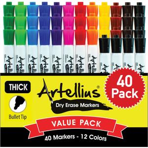 Artellius Dry Erase Markers Bulk - 40-Pack Assorted Colors - Thick Barrel Design & Low Odor Ink - Washable & Kid Friendly Whiteboard Markers for School Supplies & Classroom Use - Teacher Supplies
