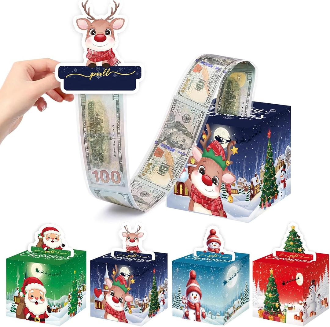 Apear1 4 Pack Christmas Money Box for Cash Gift Pull, Surprise Money Holder Cash Gift with 120 Pcs Transparent Bags, DIY Christmas Party Gifts for Kids Adults (4 Pcs)