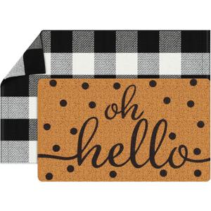 Gaybot 2 Pcs Front Door Mat Buffalo Outdoor Rug Oh Hello Doormat Decor Coir Mat Nonslip Porch Checkered Layered Front Door Rug Rustic Farmhouse Mats Entryway (Black Dot, 23.6 x 35.4 Inch)
