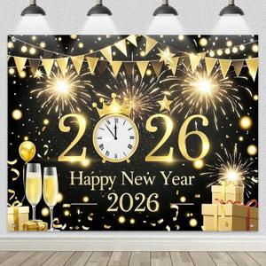 Black Gold Happy New Year 2026 Backdrop Banner 8x6ft Fireworks Clock Champagne Banner Golden Party Decoration Photography Background for Indoor Outdoor Celebration