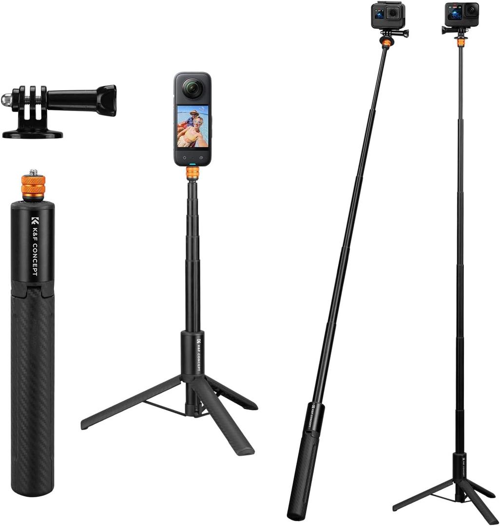 K&F CONCEPT Invisible Selfie Stick, Extension Long Pole120cm/47.2in Compatible with Insta360 X5/X4/X3 GoPro Hero 13/12/11 DJI OSMO 360 Pocket 3, 1/4" Extended Monopod with GoPro Adapter.
