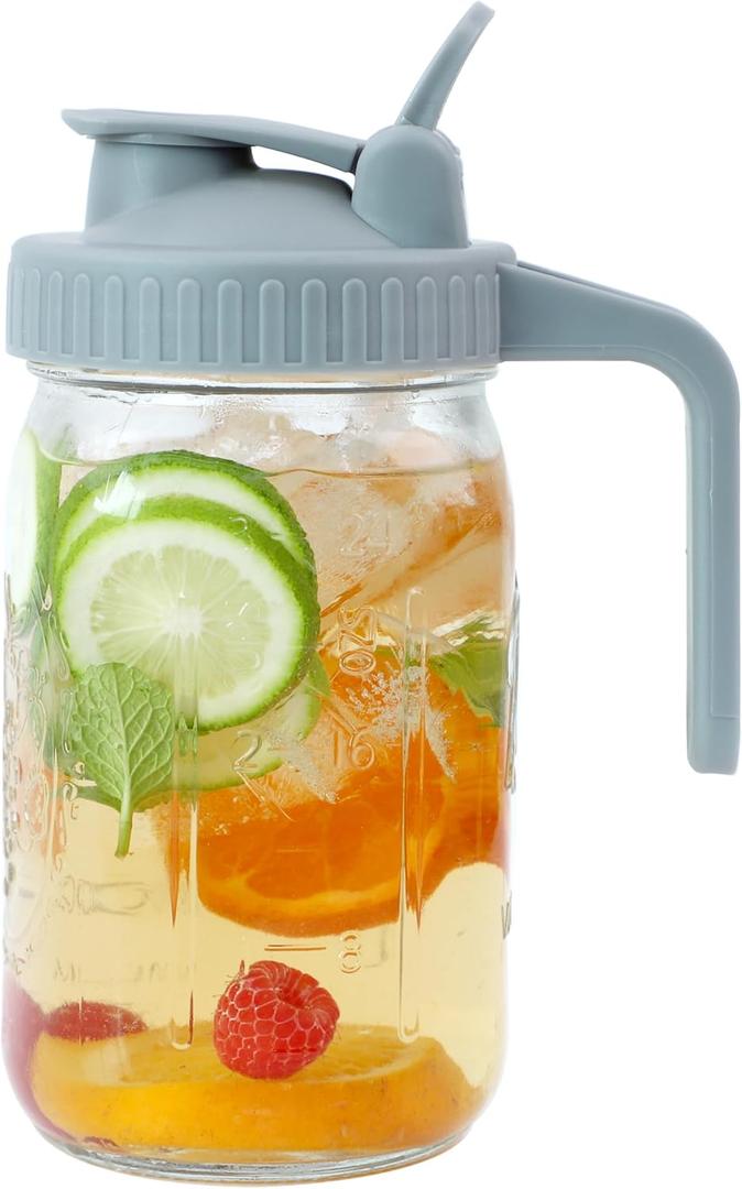 Mason Jar Pitcher Wide Mouth 32 OZ Glass Jars With Pour Spout Lids Airtight Leak-proof 1 Quart Water Pitcher With Handle For Iced Tea, Milk, Sun Tea, Lemonade, Iced Coffee