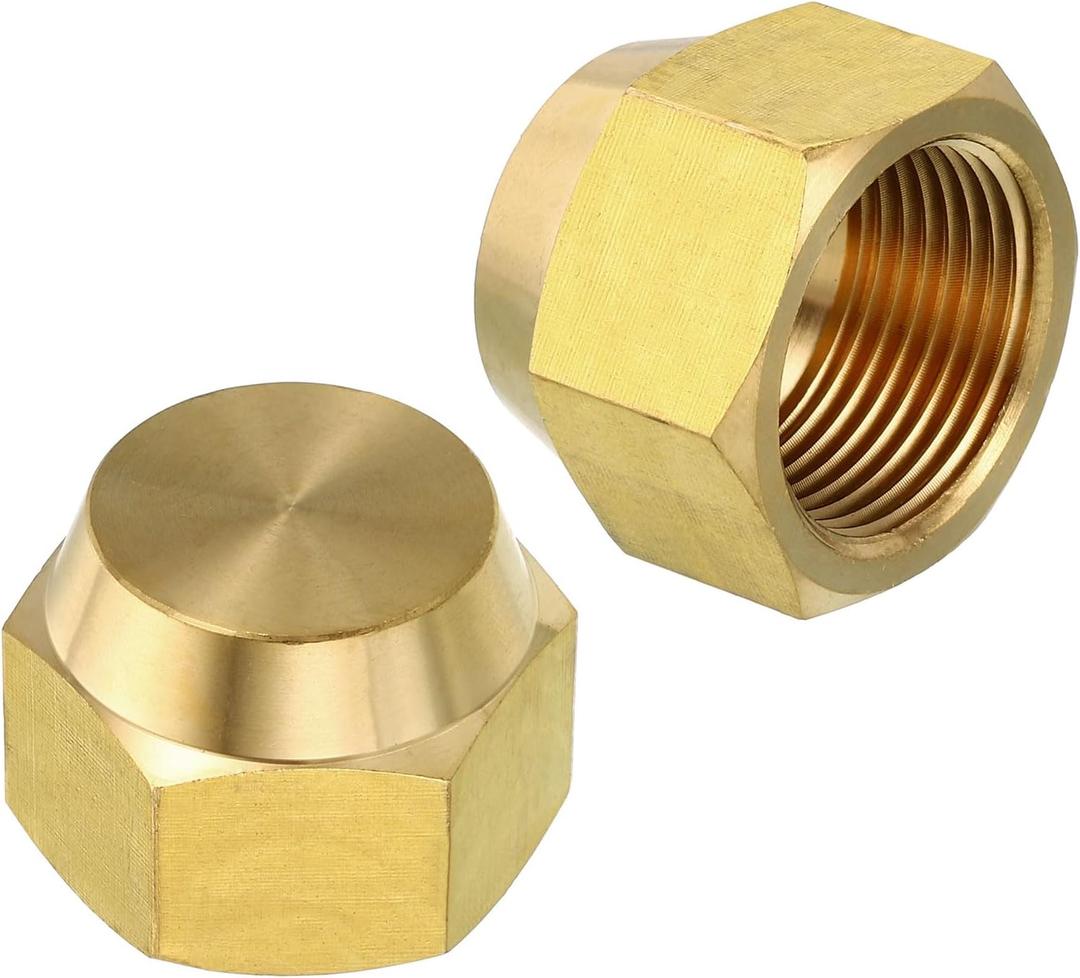 PATIKIL 3/4" Brass Flare Cap, 1-1/16UNF Female Thread 2Pcs SAE Flare Fitting 45 Degree Hex Pipe Fittings for Air Conditioner Refrigeration