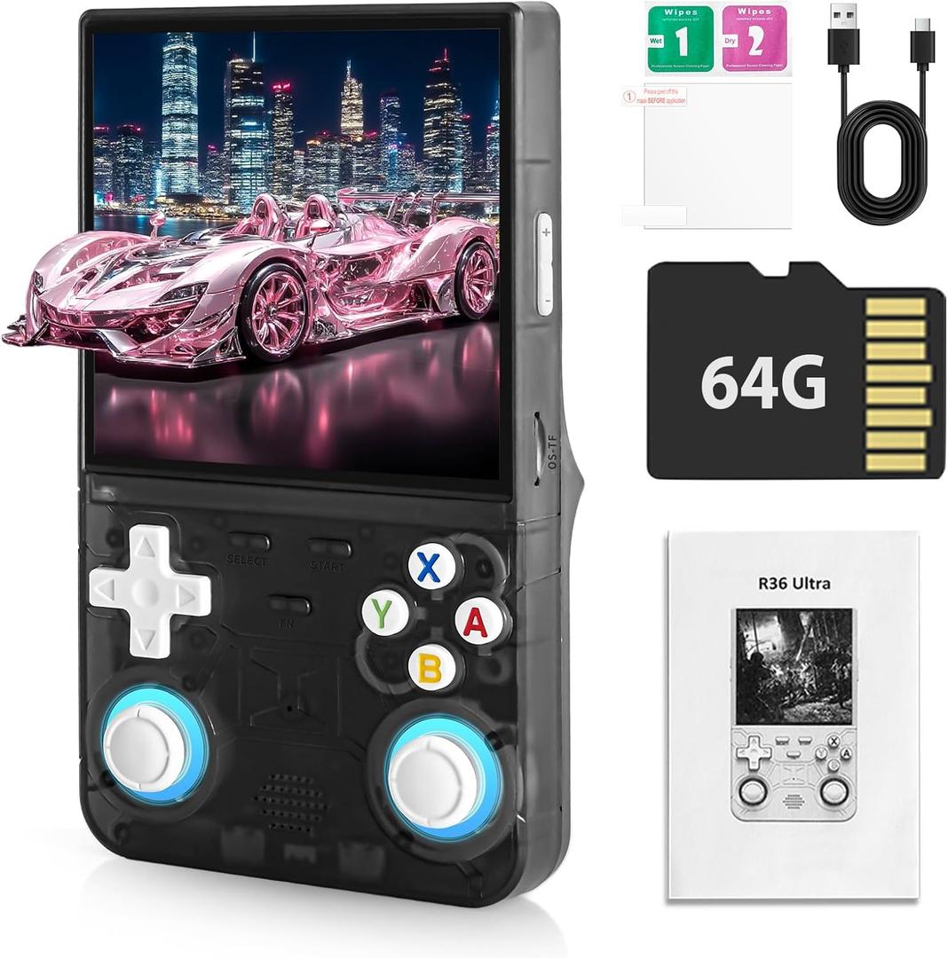 R36Ultra Retro Handheld Game Console - Open Source Linux System, 30000+ Pre-Installed Classics, 4.0" IPS Display, 30+ Emulator Support, Includes 64GB Card & Portable Case (Black)