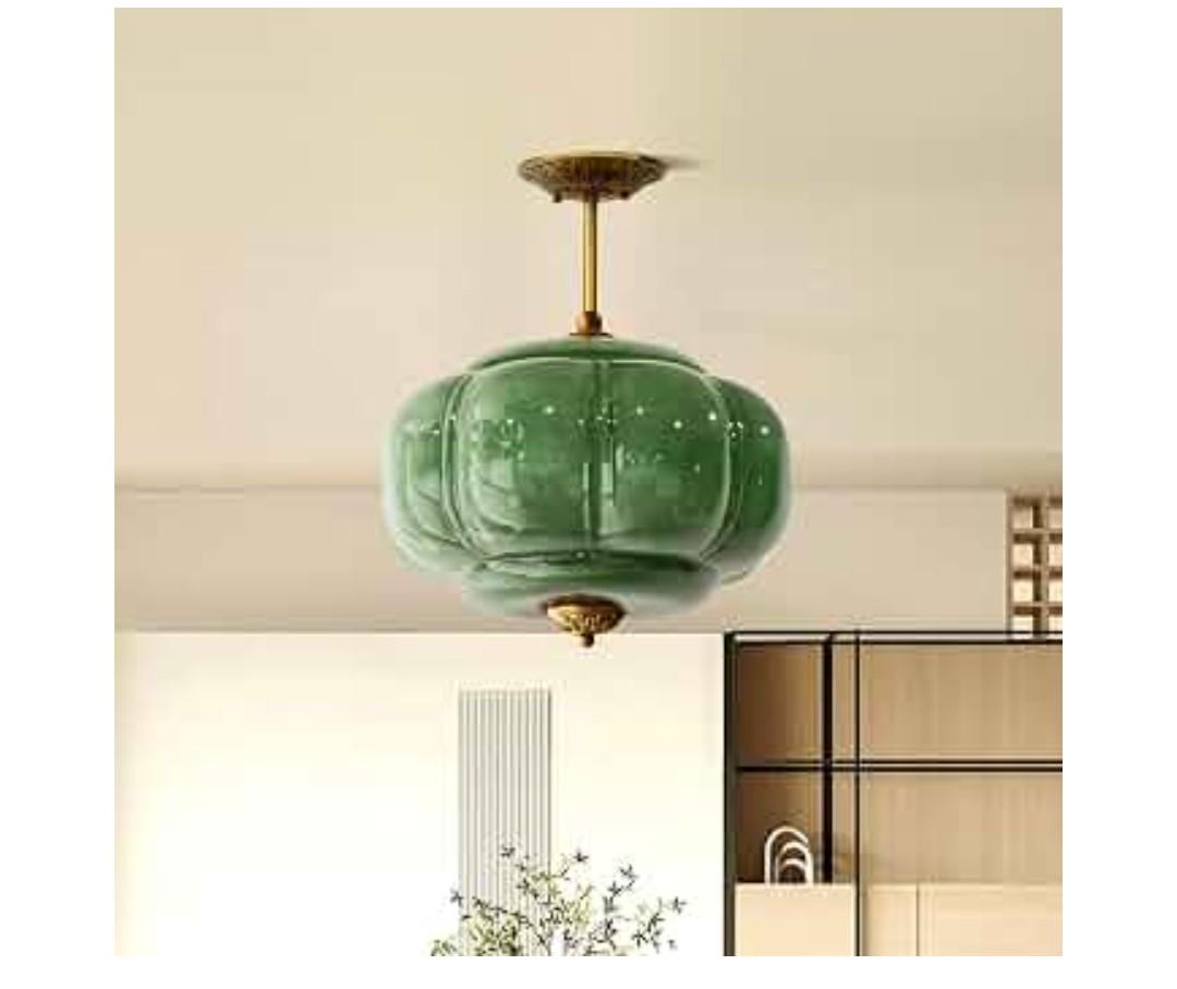 Milk Glass Ceiling Light Fixture - Antique Brass Semi Flush Mount Pendant Light for Kitchen, Hallway, and Bedroom (Green 15 inch)