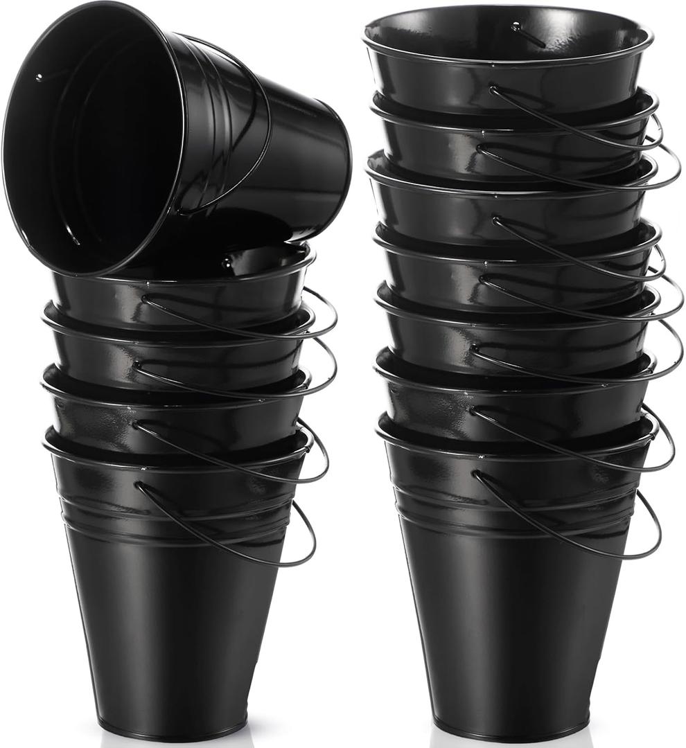 Sadnyy 12 Pack Metal Buckets with Handle, Galvanized Bucket 4.5 x 5 Inch Basket Bucket Party Supplies, Crafts for Christmas Halloween Candy Bars Vase Crafts(Black)