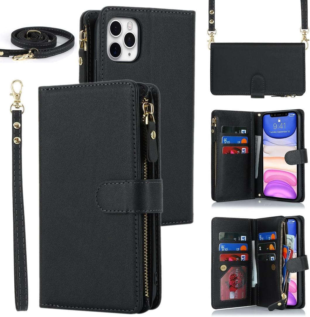 iCoverCase Compatible with iPhone 11 Pro Max Wallet Case with Card Holder, Crossbody with Wrist Strap, PU Leather Not Detachable Flip Cover Case 6.5 Inch (Black)