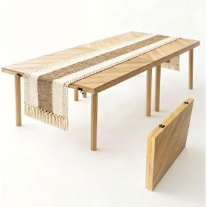 60" x 30" Folding Picnic Table with Table Runner,Upgraded 8-Legs, Extra Stable Boho Low Wood Table, Portable Large Picnic Table for Floor Seating, Adjustable Height for Beach, Wedding, Party