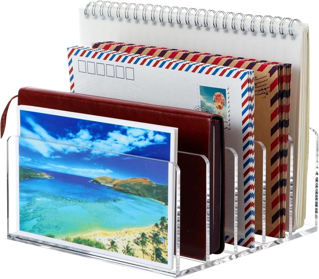 Mail Organizer Countertop, Stylish Acrylic 5 Compartments Mail Holder, Small Desk File Storage Holders for Letter, Bill, Mail Sorter, Desktop Letter Folder Holders for Office, Home, School