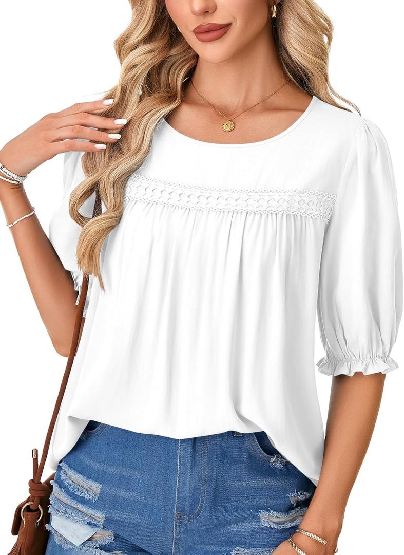 LYANER Women's Round Neck Puff Short Sleeve Ruched Lace Loose Fit Casual Tunic Shirts (White, M)