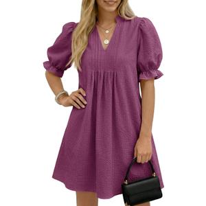 Wenrine Womens Summer Puff Short Sleeve Mini Dress Textured Casual Loose V Neck Ruffle Babydoll Dresses (Purple)