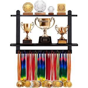 LAVIEVERT Wooden Medal Hanger & Trophy Shelf, Wall-Mounted Race Display with 2 Tier Storage Shelf and 19 Hanging Bars