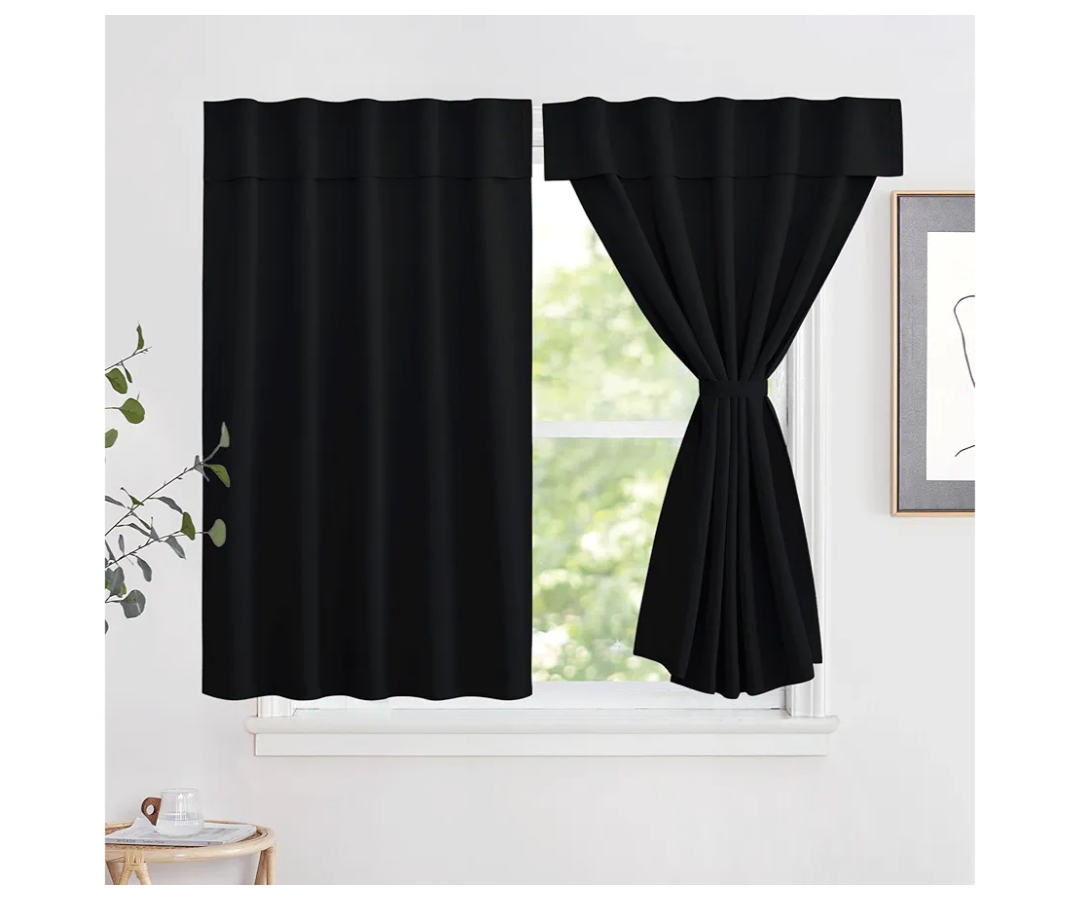 NICETOWN Kitchen Curtains Small Window Drapes, Thermal Insulated Solid Self Sticky Adjustable Curtain Panels for Cupboard, Loft, Cafe, Dining Room (Black, 36"x42")