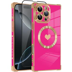 OOK Magnetic Case for iPhone 16 Pro Max 6.9 Inch [Wireless Charging Compatible] Soft TPU Heart Design Phone Cover with Screen Protector Shockproof Protection Slim Case for Women - Hot Pink