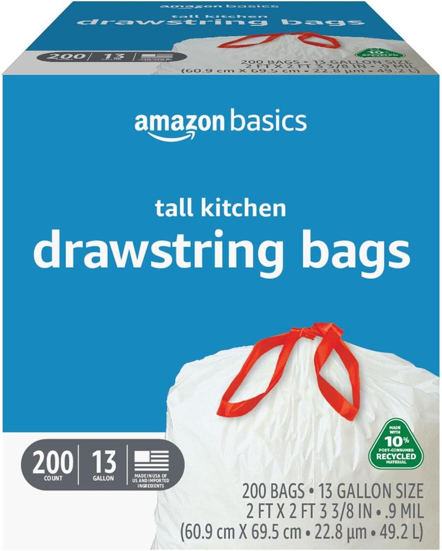 Amazon Basics 13 Gallon Tall Kitchen Drawstring Trash Bags, White with Red Drawstring, 10% Post Consumer Recycled, 200 Count