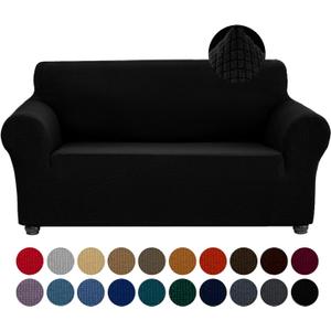Joccun Stretch Loveseat Couch Cover Slipcover, 1-Piece Sofa Cover for 2 Cushion Couch Spandex Jacquard Washable Furniture Protector Cover for Living Room, Kids, Pets Loveseat, Black