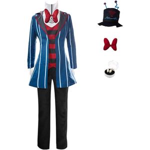 SHIKI Men Anime Hotel Vox Cosplay Costume Blue Striped Suit Uniform Jacket Pants Hat Gloves Halloween Outfit (3X-Large)