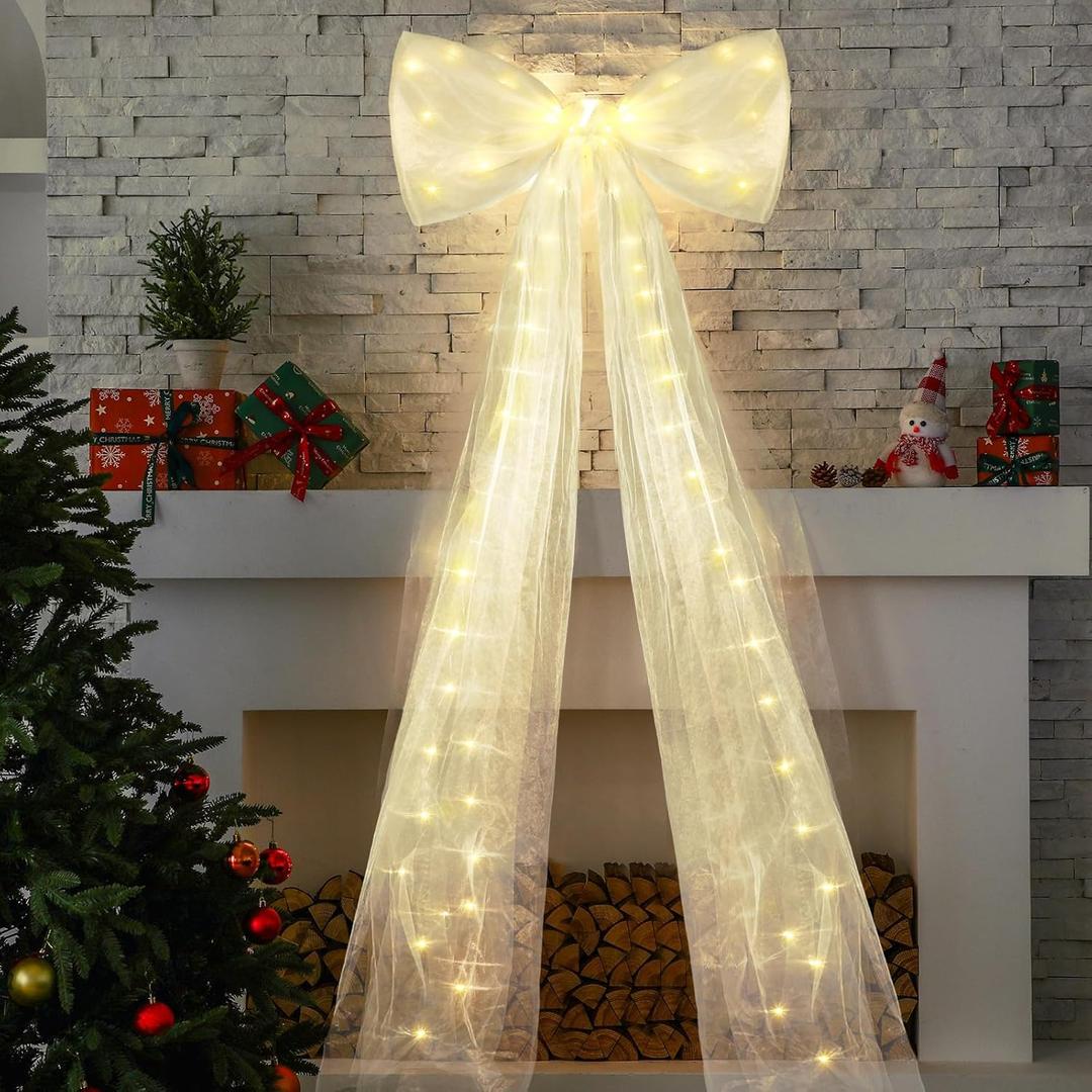 24 x 71 Inch Extra Large LED Christmas Tree Bows White Christmas Tree Topper Decor with LED Light Giant Xmas Bows for Home Wreath Wall Birthday Party Holiday Decor Supplies