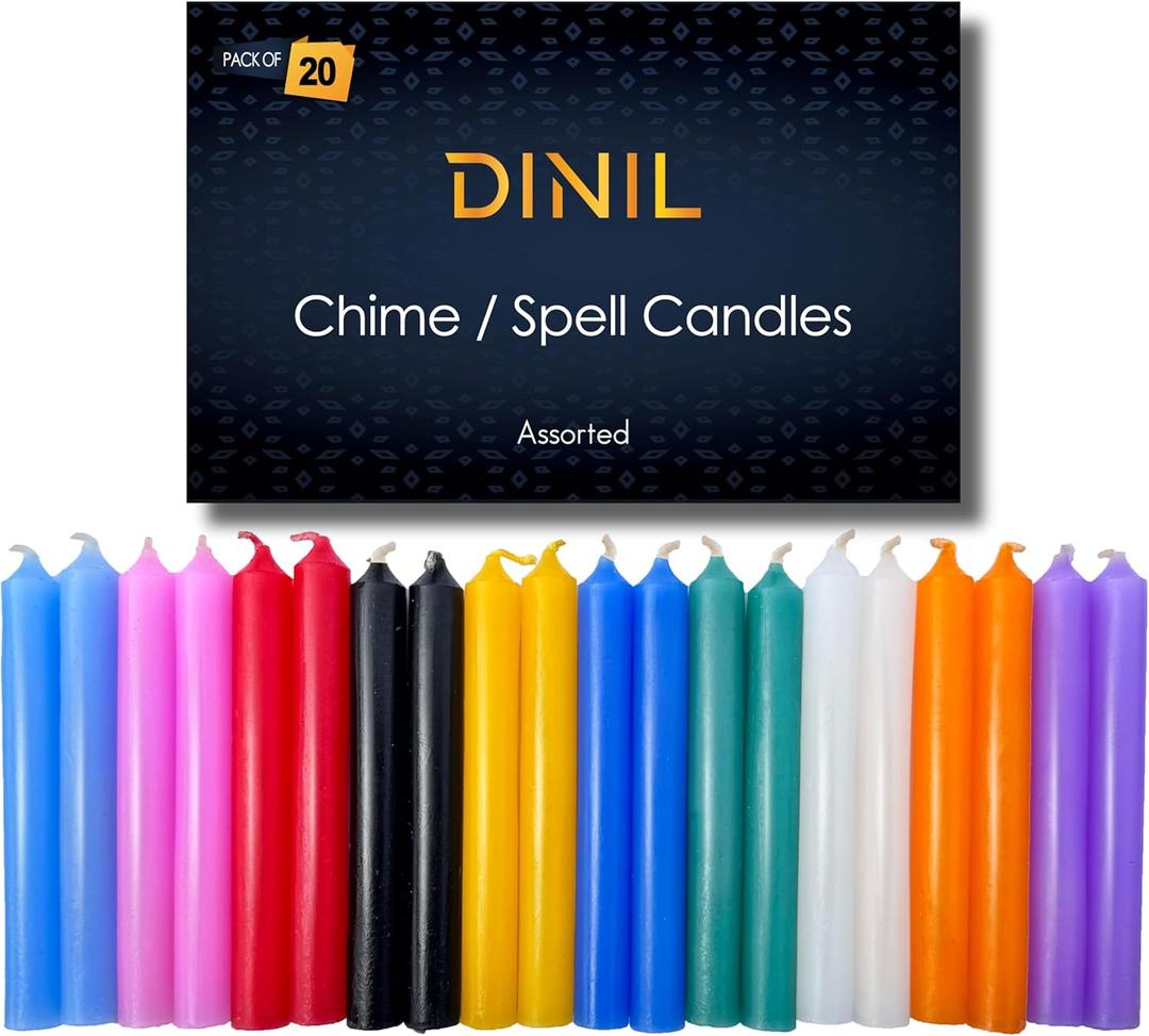 Dinil 20 Assorted Color Spell/Chime Candles Premium Mini Taper Candles for Rituals, Prayer, Birthdays, Meditation, Altar, Spells, Chime Candles - 4 Inch Tall (Multi-Colored)