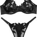 Lilosy Sexy Satin Mesh Floral Sheer Embroidered Underwire Lingerie Set 2 Piece Women Push Up See Through Matching Bra Panty Black Small