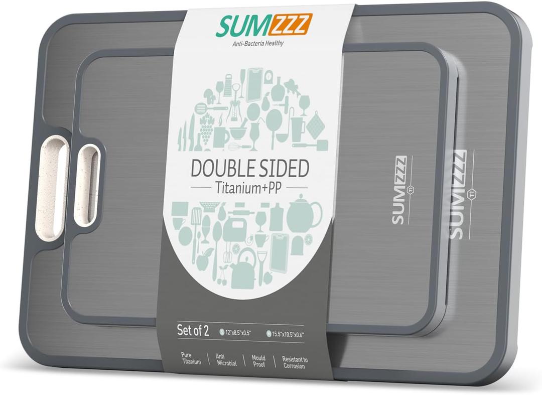 Titanium Cutting Board Double Sided Food Grade, Pure Titanium/PP for Kitchen, Cutting Board Easy to Clean[15.5*10.5+12*8.5] (Silver)