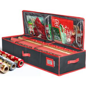 HOLDN STORAGE Premium Wrapping Paper Storage Container - Durable 600D Tear-Proof, Fits 27 Rolls Gift Wrap, Extra Pockets for Ribbons & Bows, Underbed Storage - Ideal for Holiday Christmas, Black (Black/Red Trim)
