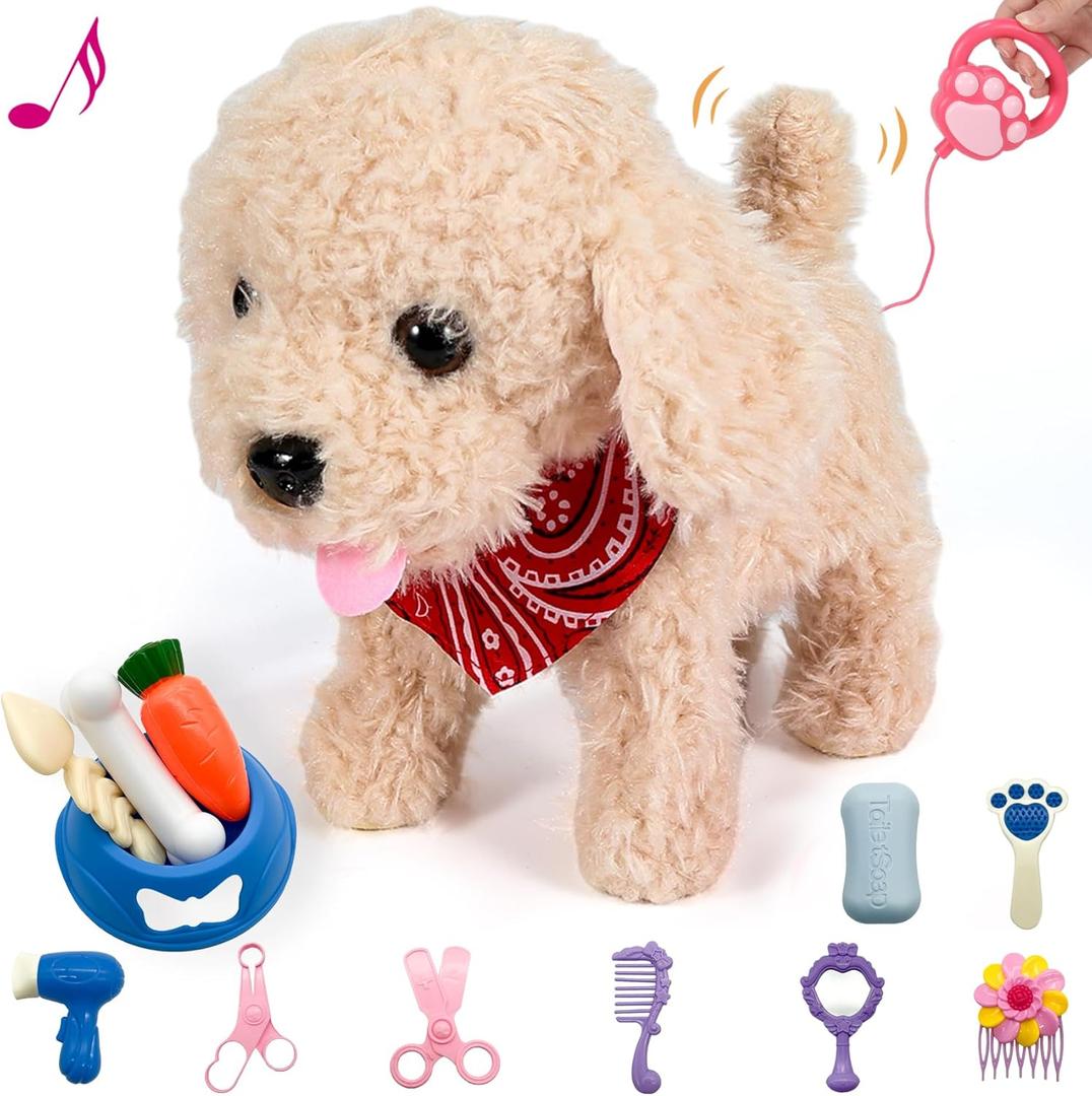 Toy Dog That Walk and Bark, Pet Care Playset - Remote Control Leash Interactive Electronic Plush Puppy, Tail-Wagging Stuffed Dog, Birthday Gift for Kids Girls Boys Aged 3-6 Year (Golden)