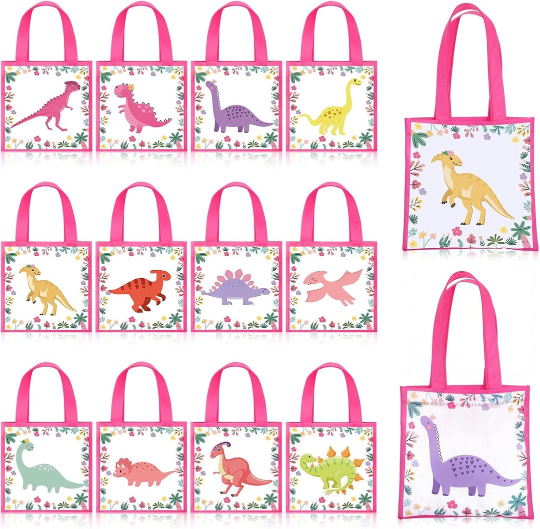 36 Pcs Pastel Dinosaur Gift Bags Bulk Dinosaur Gift Bag Small Non Woven Reusable Goodie Tote Bag with Handles for Three Rex Themed Birthday Girl Dinosaurs Party Favor Supply, 7.87 x 7.87 Inch