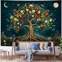 Amtoodopin Tree of Life Tapestry Mystic Boho Flowers Tapestry Vintage Aesthetic Tree Wall Tapestries Retro Nature Floral Plants Tapestries Wall Hanging for Bedroom
