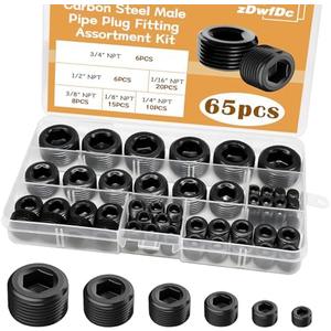 zDwfDc 65PCS 6 Size 1/16" 1/8" 1/4" 3/8" 1/2" 3/4" NPT Pipe Fittings, Black Carbon Steel Pipe Plug Socket Set DD032-65