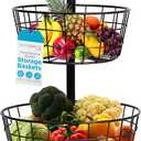BIRDROCK HOME 2 Tier Wire Fruit Basket Bowl - Round Metal Standing Storage Baskets for Kitchen Counter - Tiered Vegetable, Garlic Caddy Stand - Rustic Farmhouse Decor - Metallic Iron Style - Black