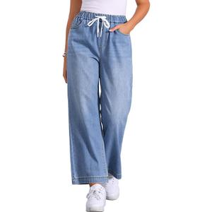 Allegra K Casual Denim Pants for Women's Baggy Drawstring 2025 Trendy Elastic Waist Wide Legs Jeans, Size M