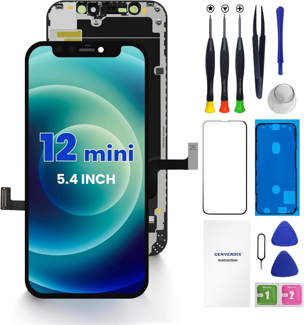 For iPhone 12 Mini Screen Replacement 5.4, Genverdix 3D Touch LCD Display Full Repair Kit, Digitizer Assembly with Tools Set, Tempered Glass Screen Protector, Waterproof Frame Adhesive