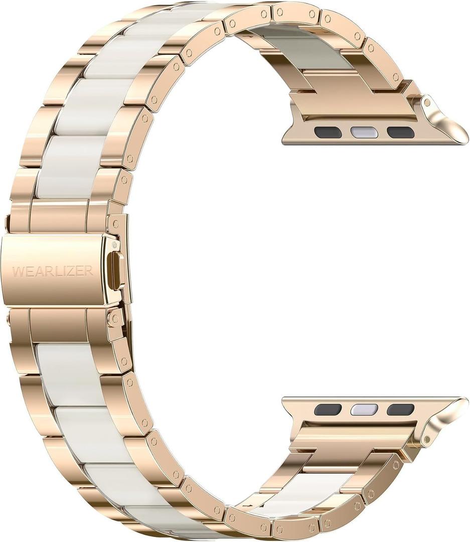 Wearlizer Compatible with Apple Watch Band 38/40/41/42mm Fashion Wristband Women, Stainless Steel + Resin Metal Replacement for iWatch Series 11 10 9 8 7 6 5 4 3 SE/Ultra 3 2 1-RoseGold+Starlight