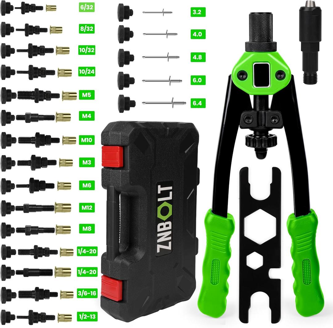 Dual Function Hand Rivet Gun with Rugged Carrying Case Heavy Duty Single Hand Riveter with 400+ pcs Rivet Nuts, 15 Mandrels, 5 Rivet Nozzles, Blind Rivets for Plastic, Wood, Metal, Leather