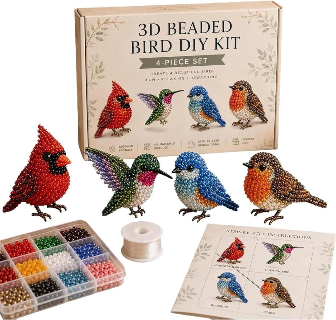 YADUO Tiny 3D Beaded Animal DIY Kit, Easy DIY Beading Embroidery Kit with 4 Cute Designs, Cute Bird & Animal Beading Craft Set, Handmade Bead Art Mosaic Kit for Adults,Beginners (Backyard Birds)